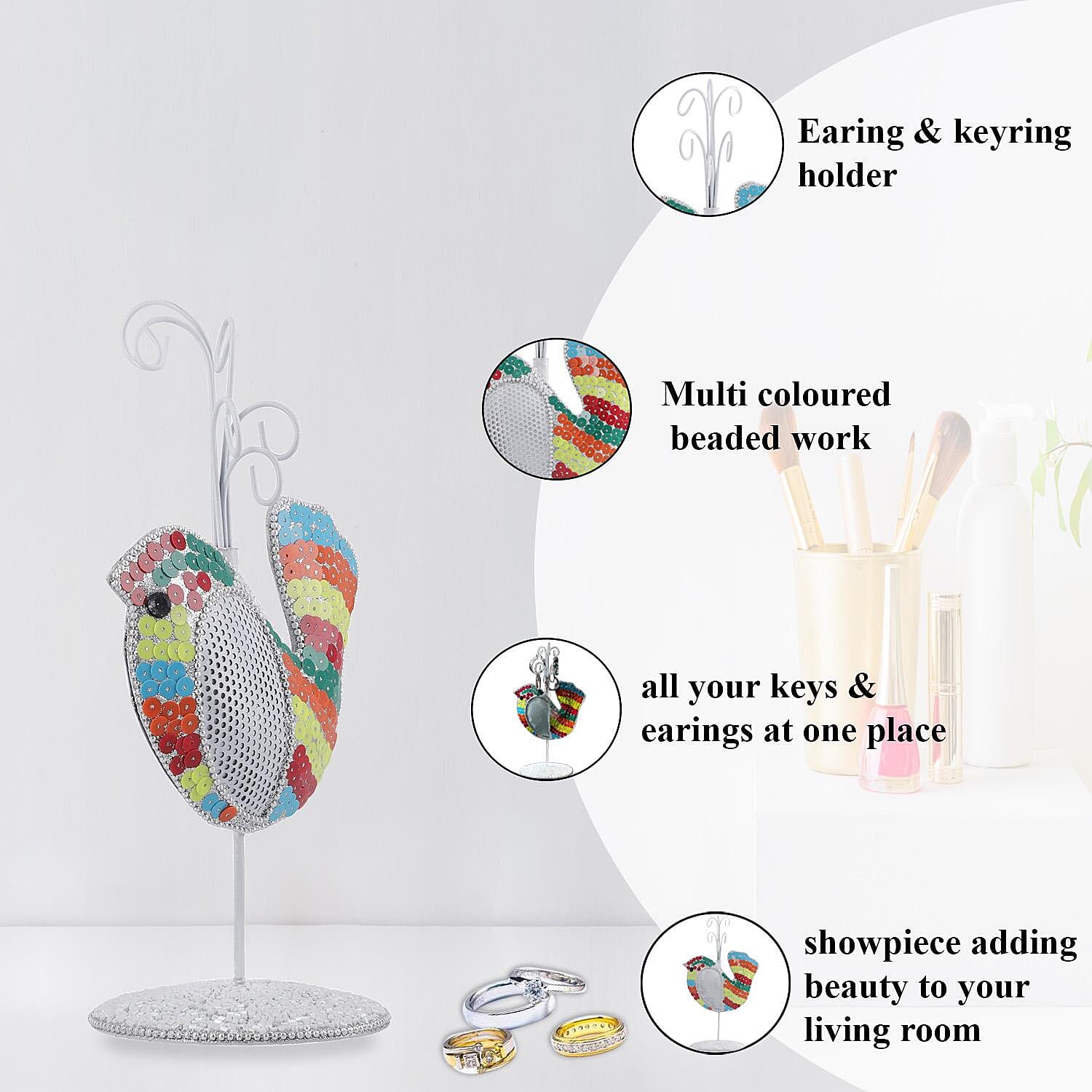 Bird Figure Iron Based Beaded Keyring Holder - Multi