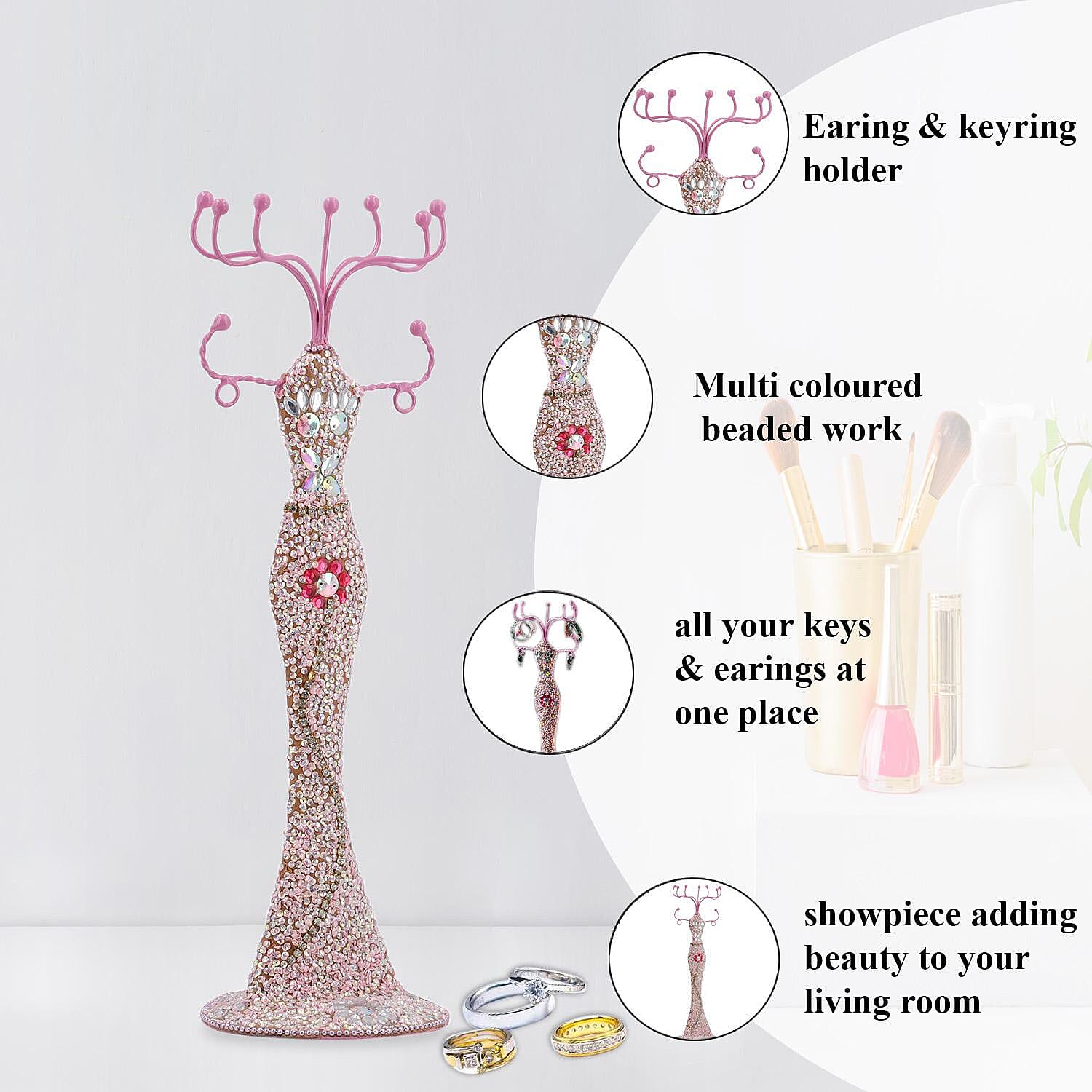 Lady Figure Iron Based Beaded Jewellery - Keyring Holder (Size 31x11x9 Cm) - Pink