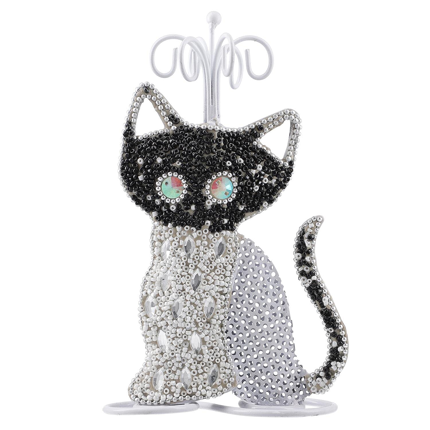 Cat Figure Iron Based Beaded Jewellery - Keyring Holder (Size 17x9x5 Cm) - Black and White