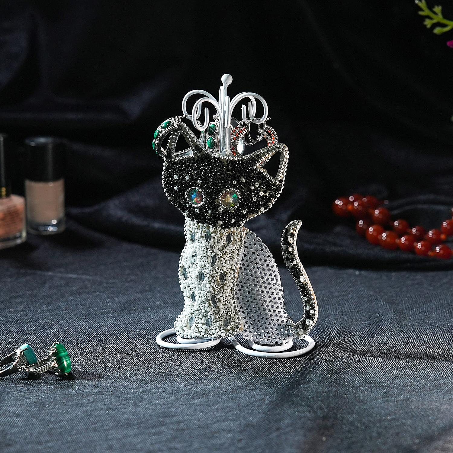 Cat Figure Iron Based Beaded Jewellery - Keyring Holder (Size 17x9x5 Cm) - Black and White