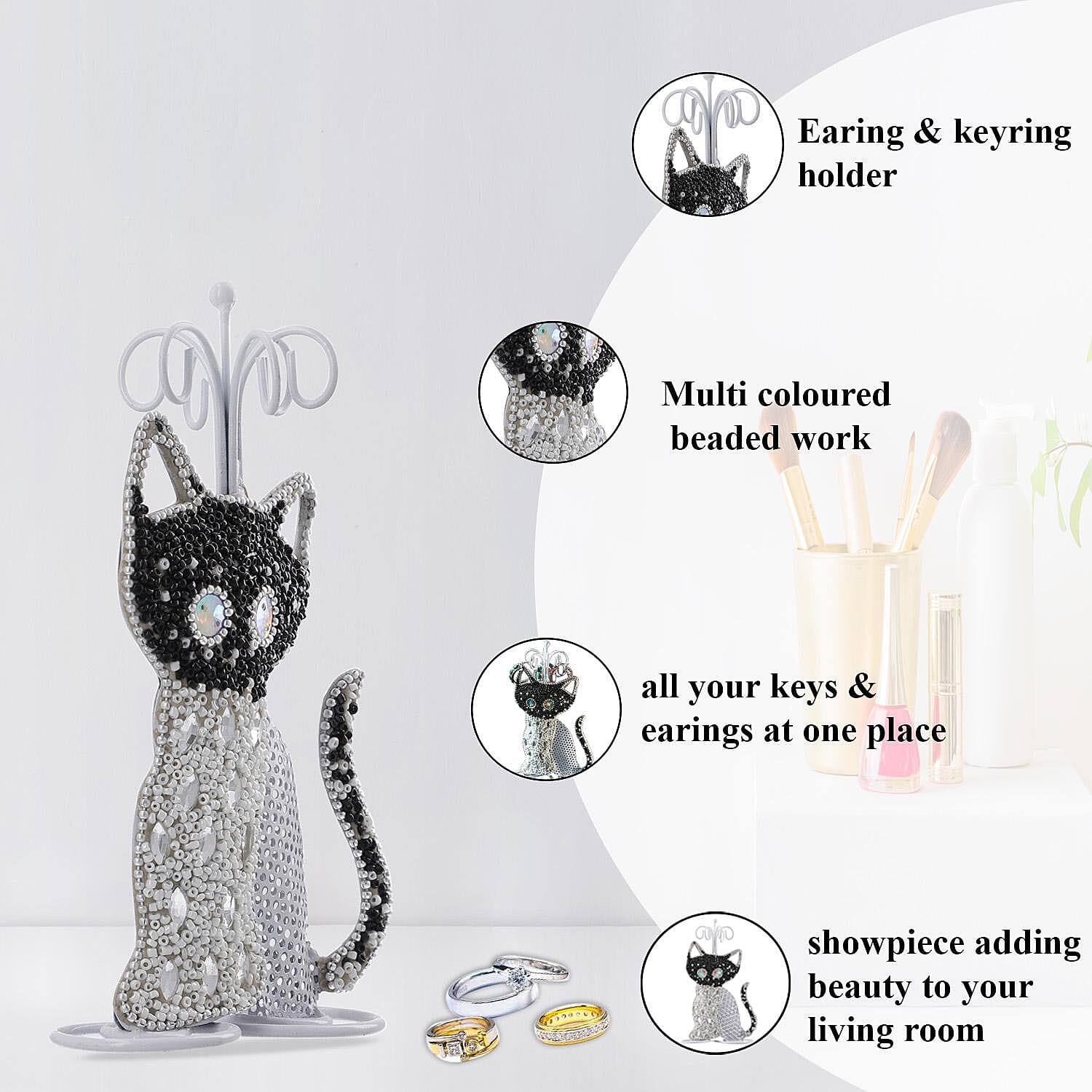 Cat Figure Iron Based Beaded Jewellery - Keyring Holder (Size 17x9x5 Cm) - Black and White