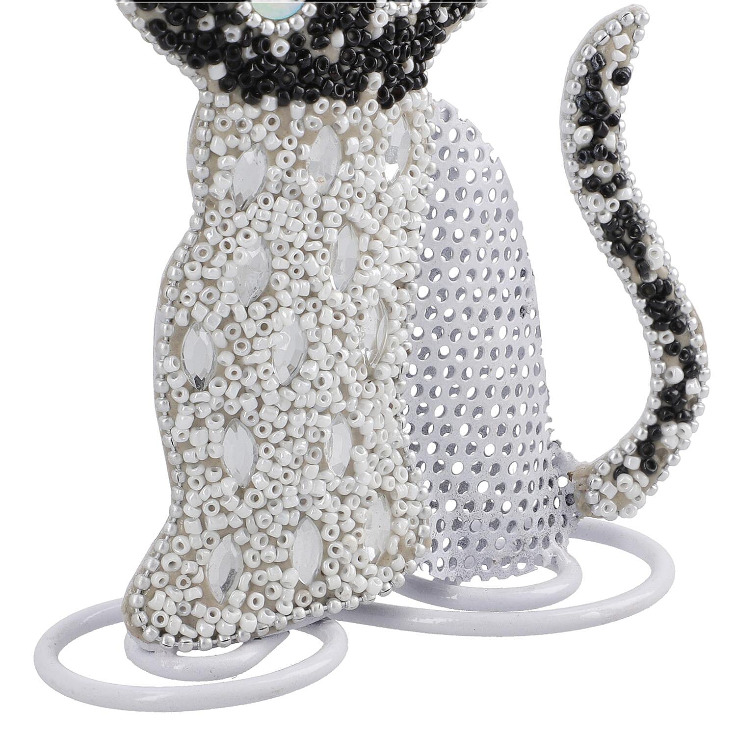 Cat Figure Iron Based Beaded Jewellery - Keyring Holder (Size 17x9x5 Cm) - Black and White