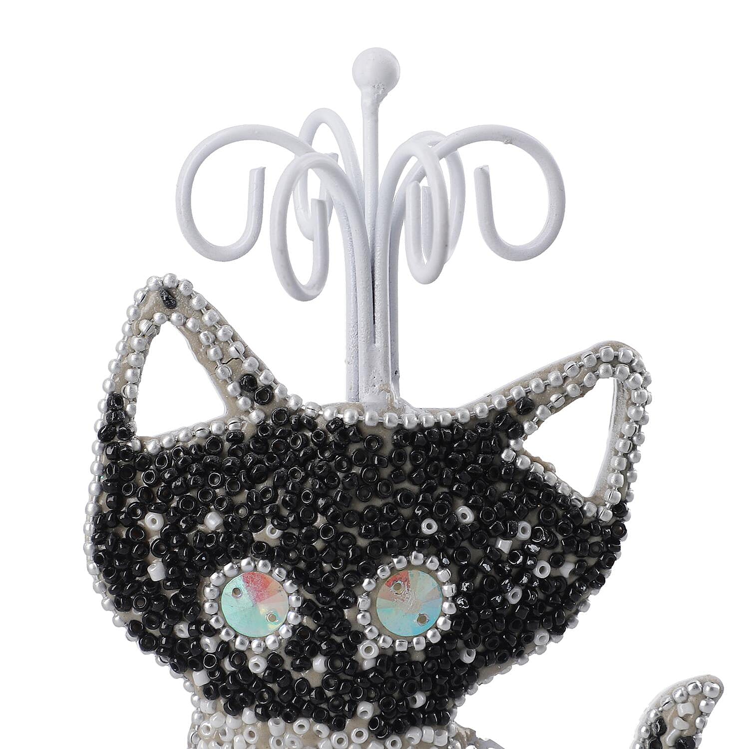 Cat Figure Iron Based Beaded Jewellery - Keyring Holder (Size 17x9x5 Cm) - Black and White