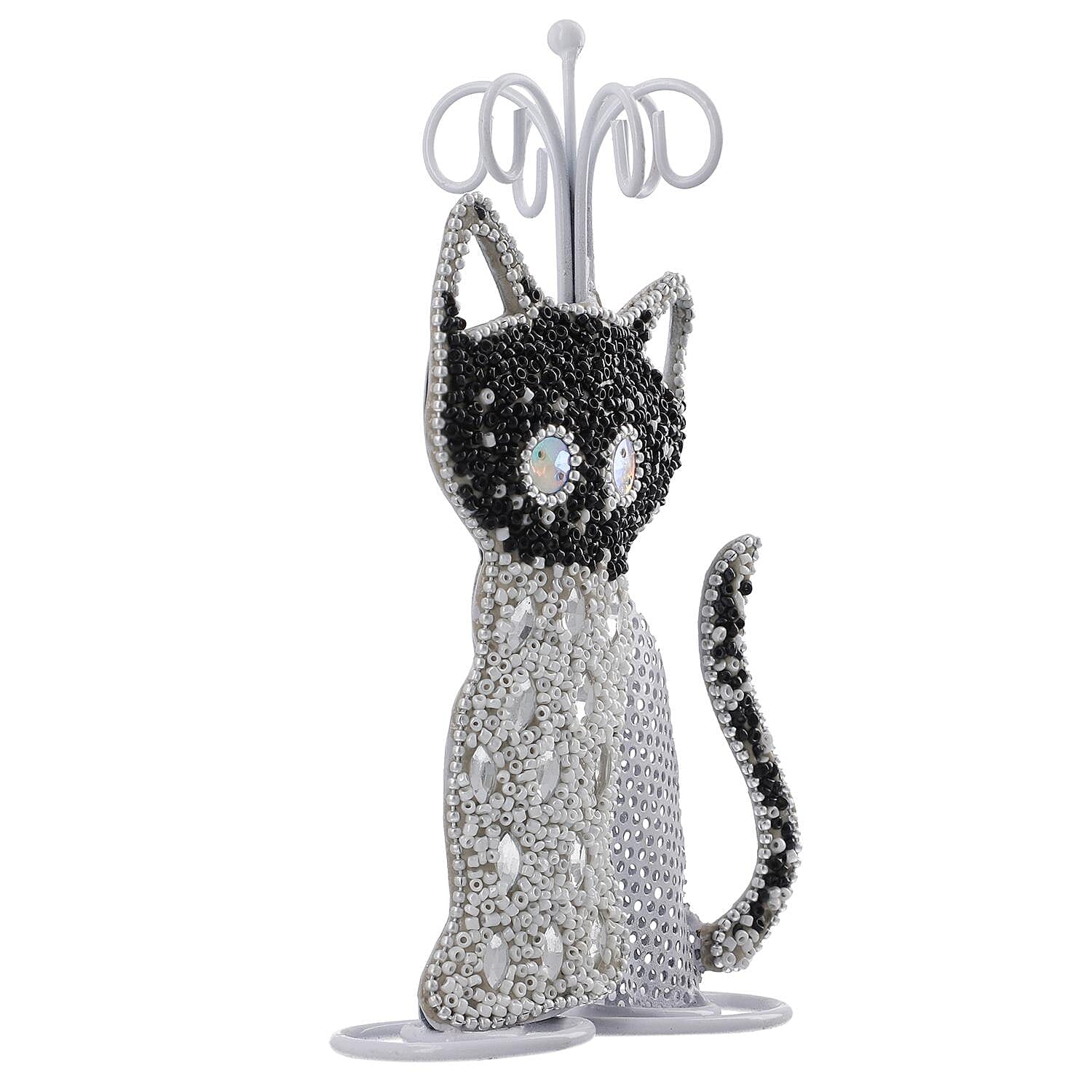 Cat Figure Iron Based Beaded Jewellery - Keyring Holder (Size 17x9x5 Cm) - Black and White