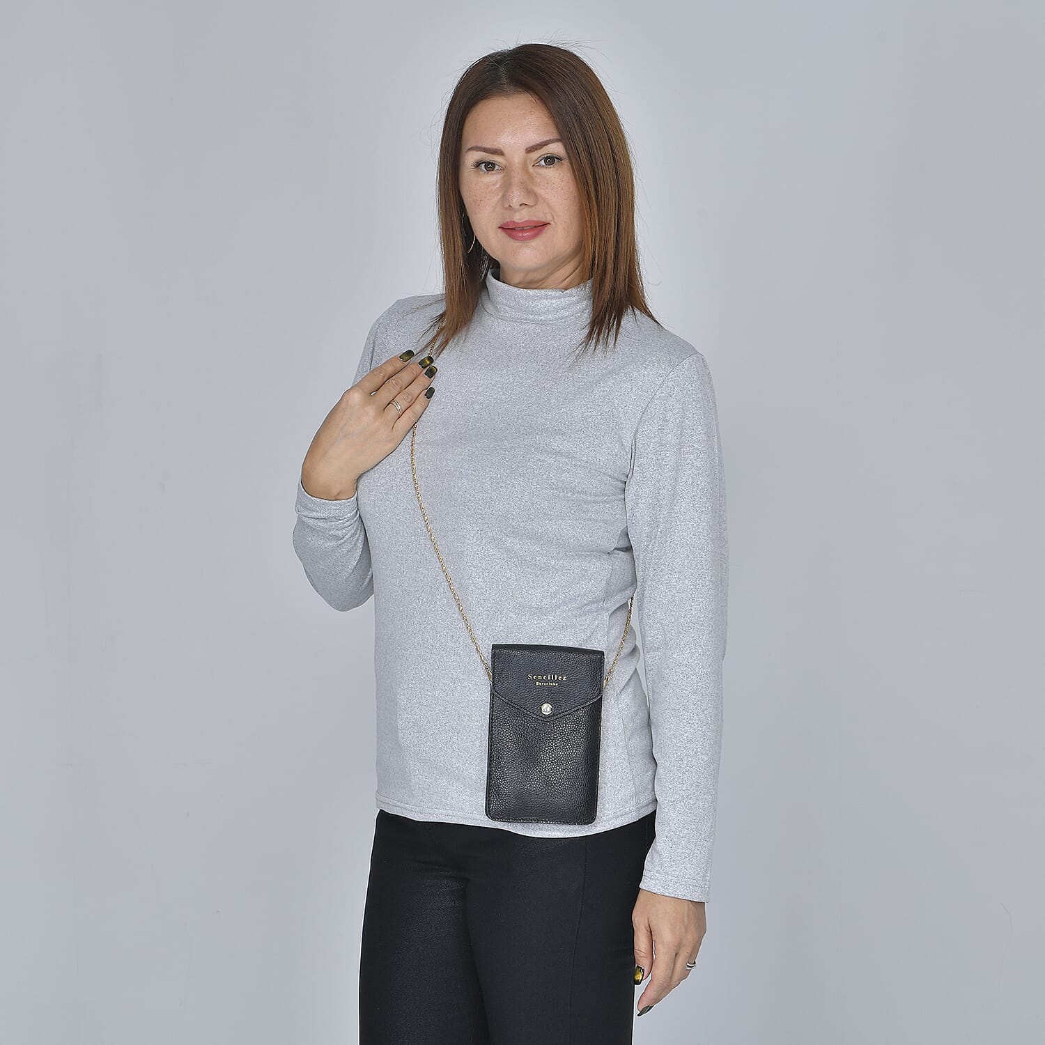 SENCILLEZ 100% Genuine Leather Cell Phone Crossbody Bag with Shoulder Strap (Size 18x12x1Cm) - Black