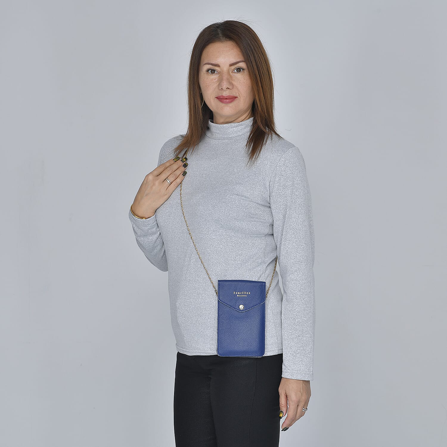 SENCILLEZ 100% Genuine Leather Cell Phone Crossbody Bag with Shoulder Strap (Size 18x12x1Cm) - Navy