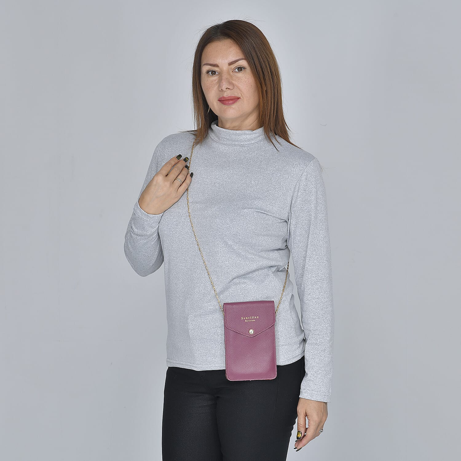 SENCILLEZ 100% Genuine Leather Cell Phone Crossbody Bag with Shoulder Strap (Size 18x12x1Cm) - Purple