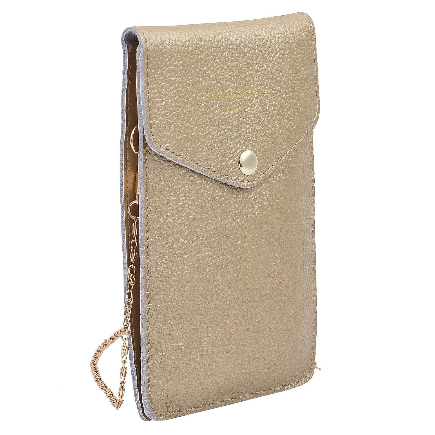 SENCILLEZ 100% Genuine Leather Cell Phone Crossbody Bag with Shoulder Strap (Size 18x12x1Cm) - Golden