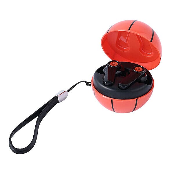 Bluetooth-Wireless-Earbuds-with-USB-Port-and-Basketball-Shaped-Charging-Box---Red-and-Black