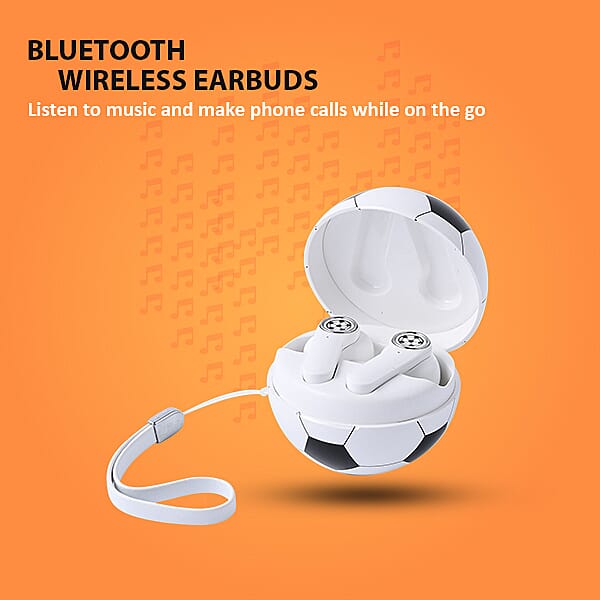 Bluetooth Wireless Earbuds with USB Port and Football Shaped Charging Box - Black and White
