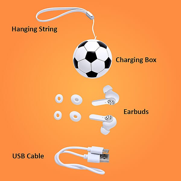 Bluetooth Wireless Earbuds with USB Port and Football Shaped Charging Box - Black and White