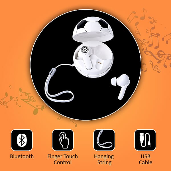 Bluetooth Wireless Earbuds with USB Port and Football Shaped Charging Box - Black and White