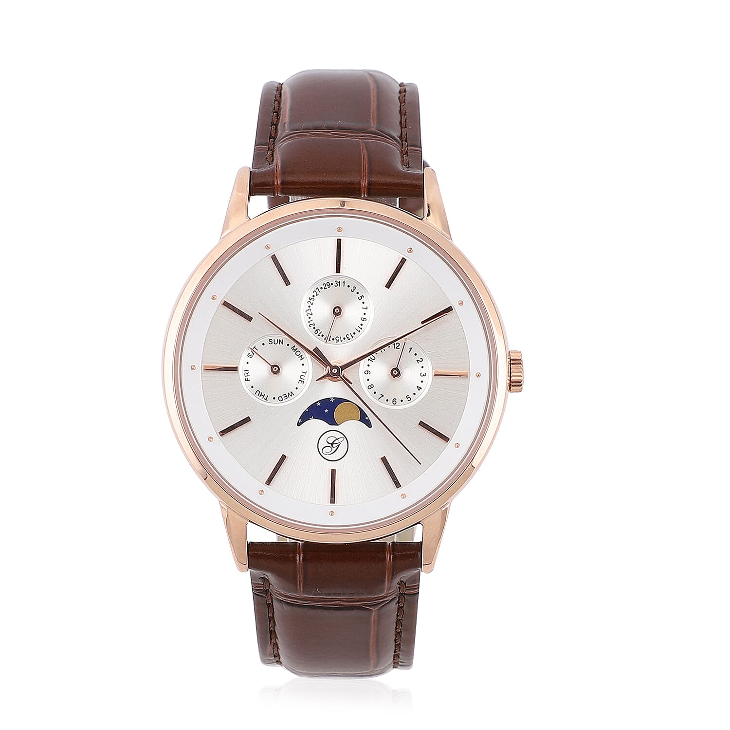 GENOA Japanese Movement White Dial 5 ATM Water Resistant Watch with Brown Leather Strap in Stainless Steel