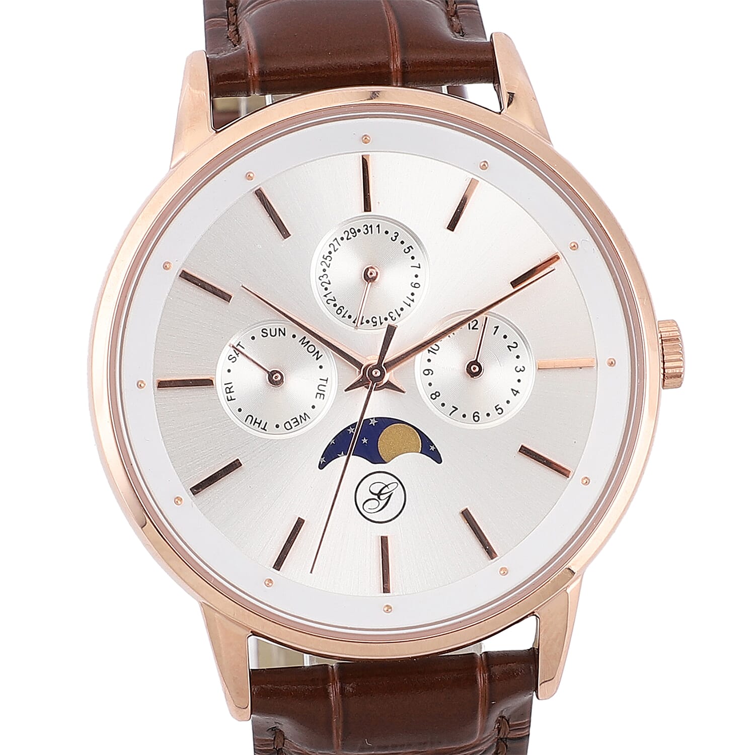 GENOA Japanese Movement White Dial 5 ATM Water Resistant Watch with Brown Leather Strap in Stainless Steel