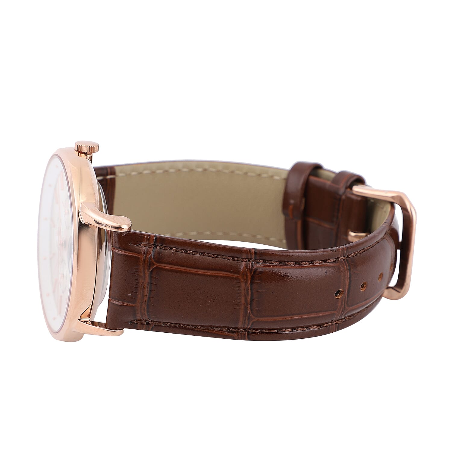 GENOA Japanese Movement White Dial 5 ATM Water Resistant Watch with Brown Leather Strap in Stainless Steel