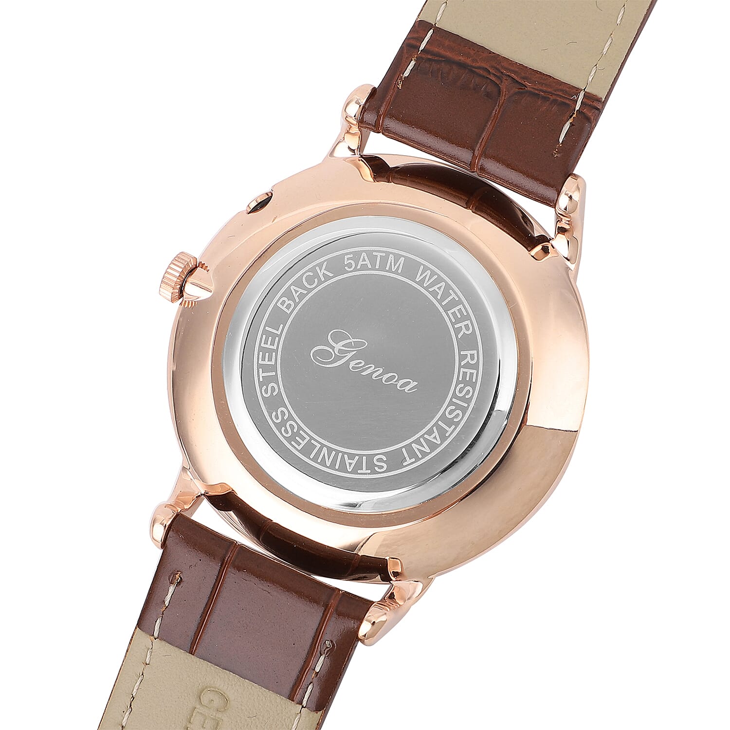 GENOA Japanese Movement White Dial 5 ATM Water Resistant Watch with Brown Leather Strap in Stainless Steel