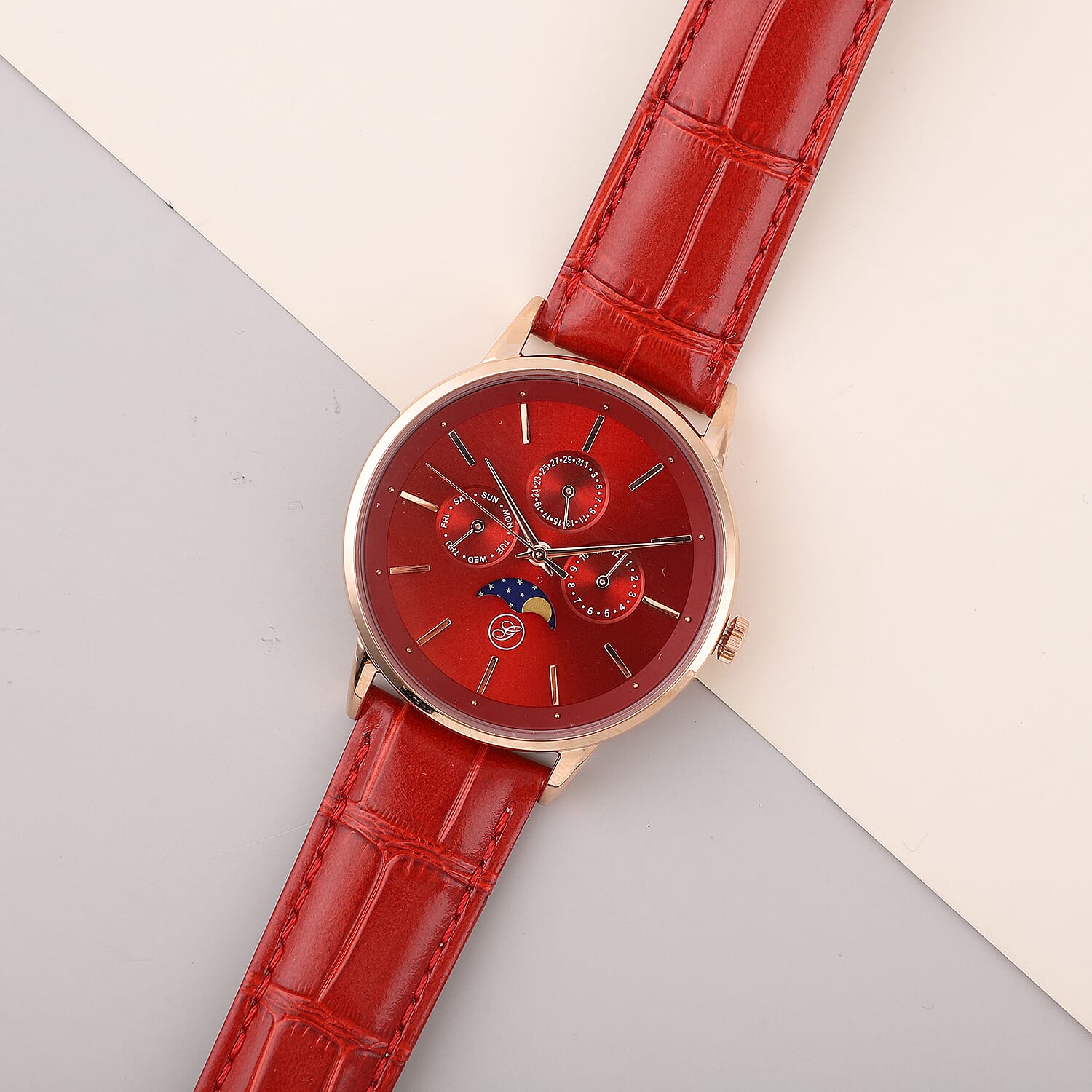 GENOA Japanese Movement Red Dial 5 ATM Water Resistant Watch with Red Leather Strap in Stainless Steel