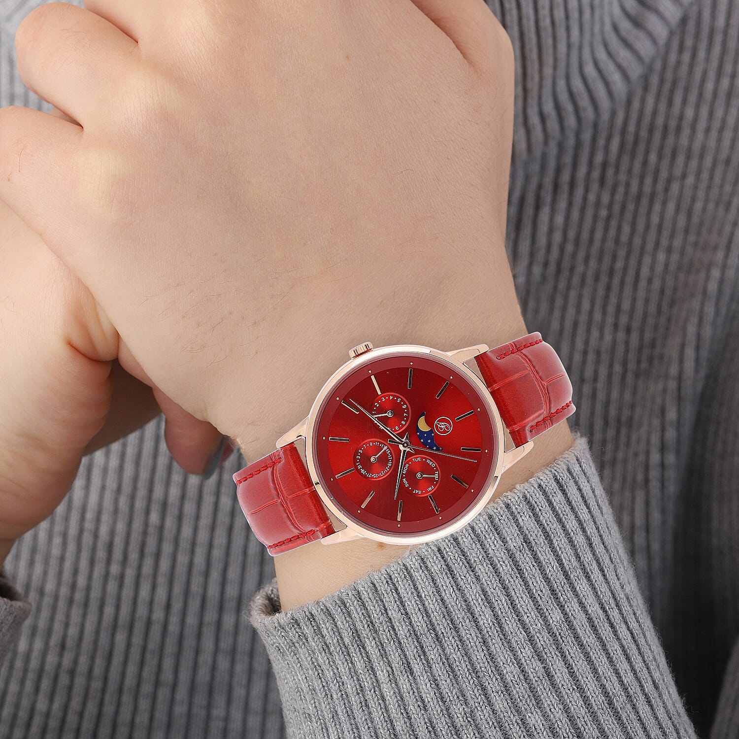 GENOA Japanese Movement Red Dial 5 ATM Water Resistant Watch with Red Leather Strap in Stainless Steel