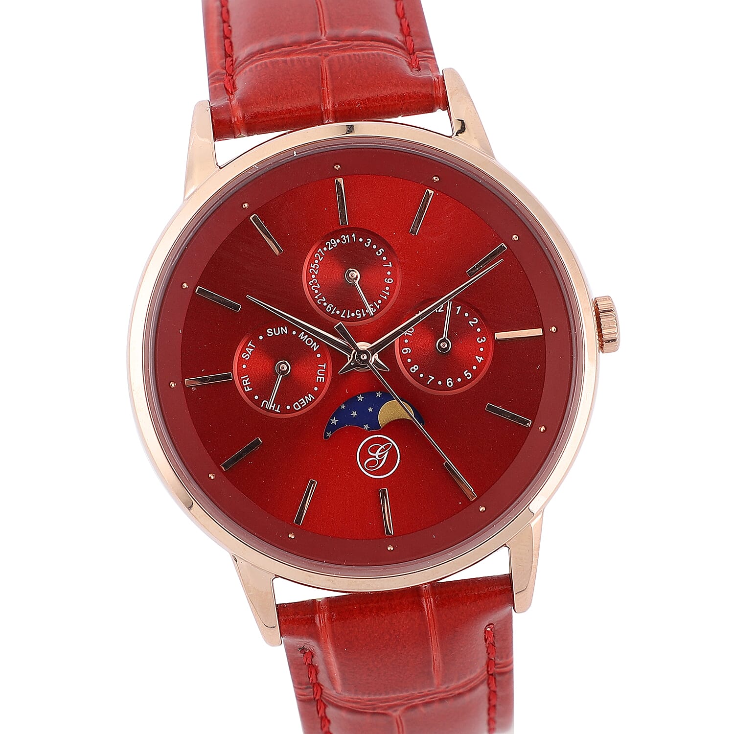 GENOA Japanese Movement Red Dial 5 ATM Water Resistant Watch with Red Leather Strap in Stainless Steel