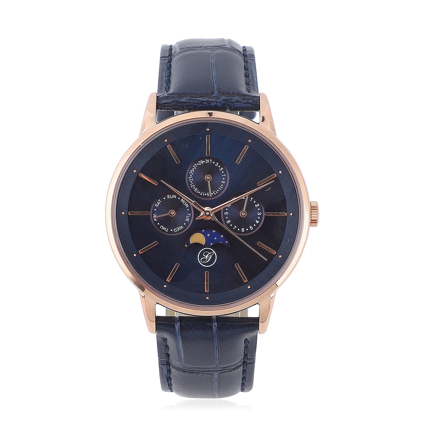 GENOA Japanese Movement Navy Blue Dial 5 ATM Water Resistant Watch with Navy Blue Leather Strap in Stainless Steel