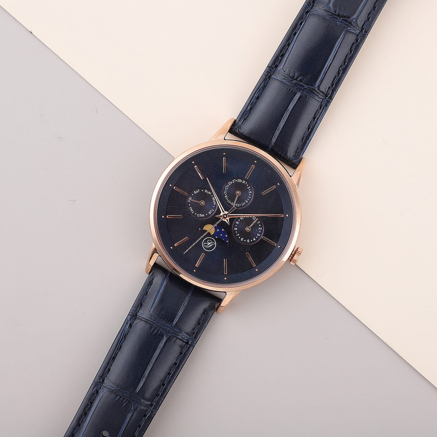 GENOA Japanese Movement Navy Blue Dial 5 ATM Water Resistant Watch with Navy Blue Leather Strap in Stainless Steel