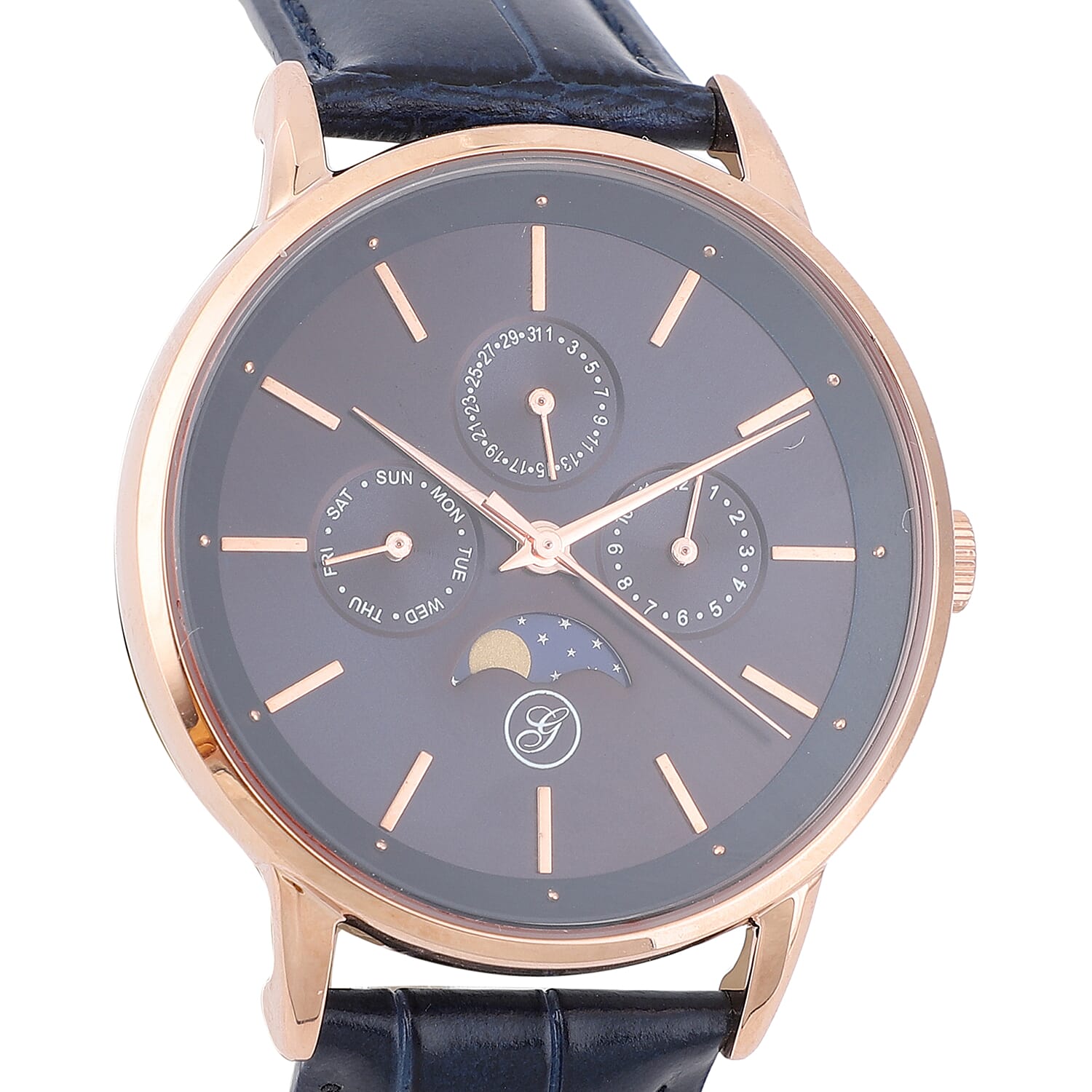 GENOA Japanese Movement Navy Blue Dial 5 ATM Water Resistant Watch with Navy Blue Leather Strap in Stainless Steel