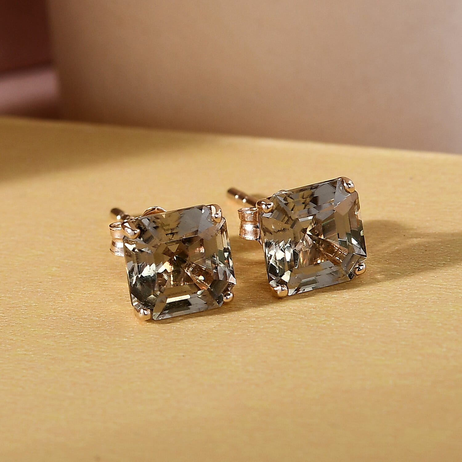 9K Yellow Gold AA Turkizite (Asscher Cut) Stud Earrings (With Push Back) 2.53 Ct.
