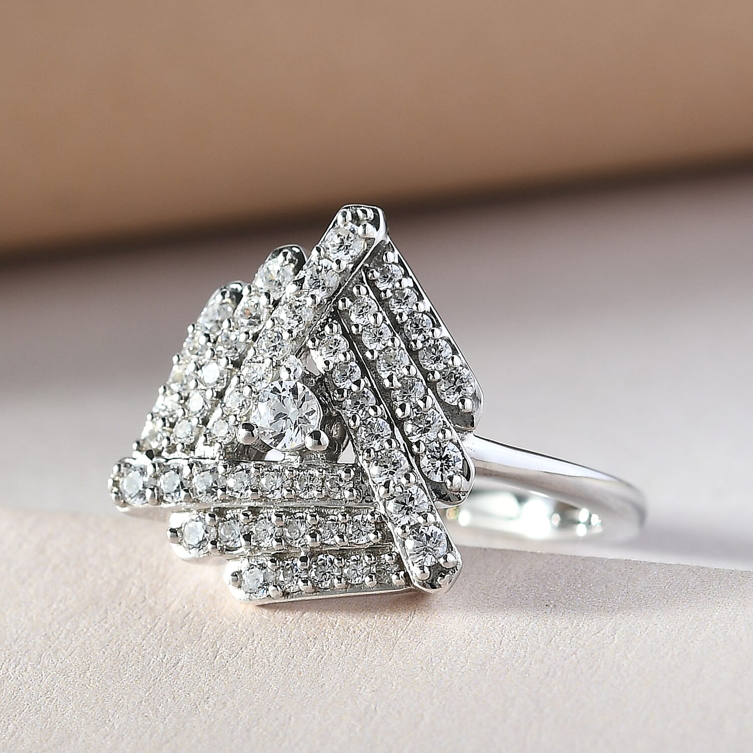 Lustro Stella Platinum Overlay Sterling Silver Triangle Ring Made with Finest CZ 1.17 Ct.