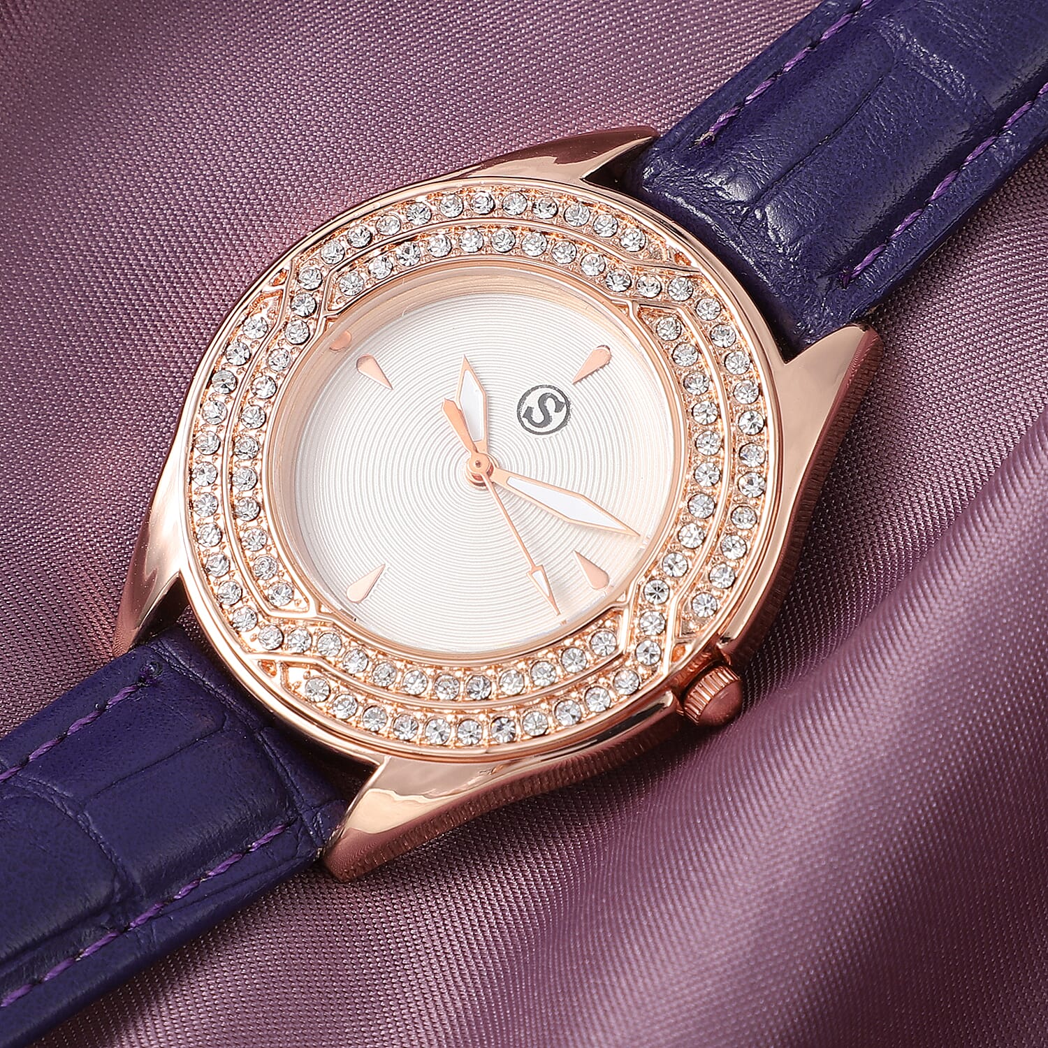 STRADA Japanese Movement White Dial Crystal Studded Water Resistant Watch with Purple Colour Strap