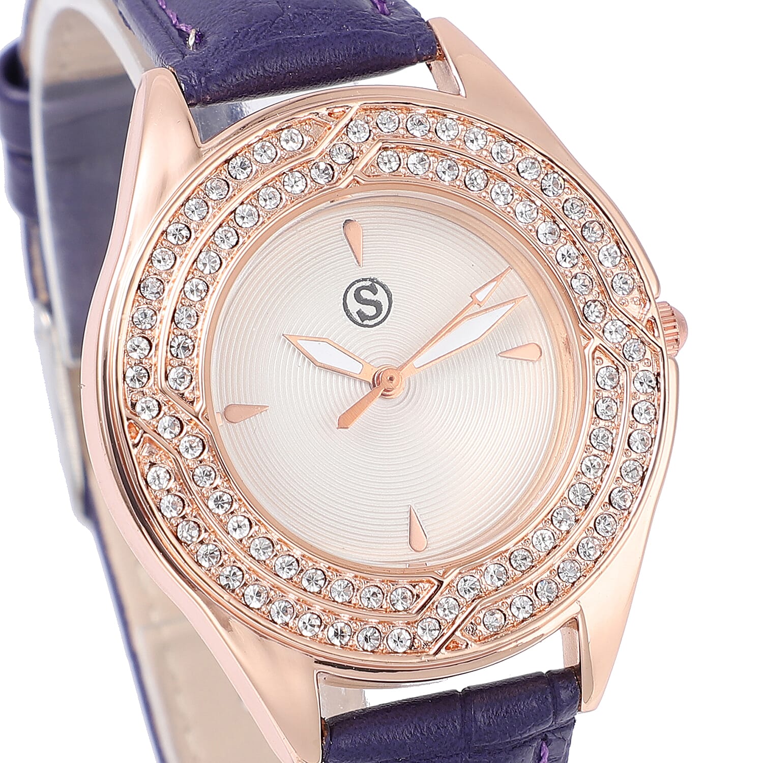 STRADA Japanese Movement White Dial Crystal Studded Water Resistant Watch with Purple Colour Strap