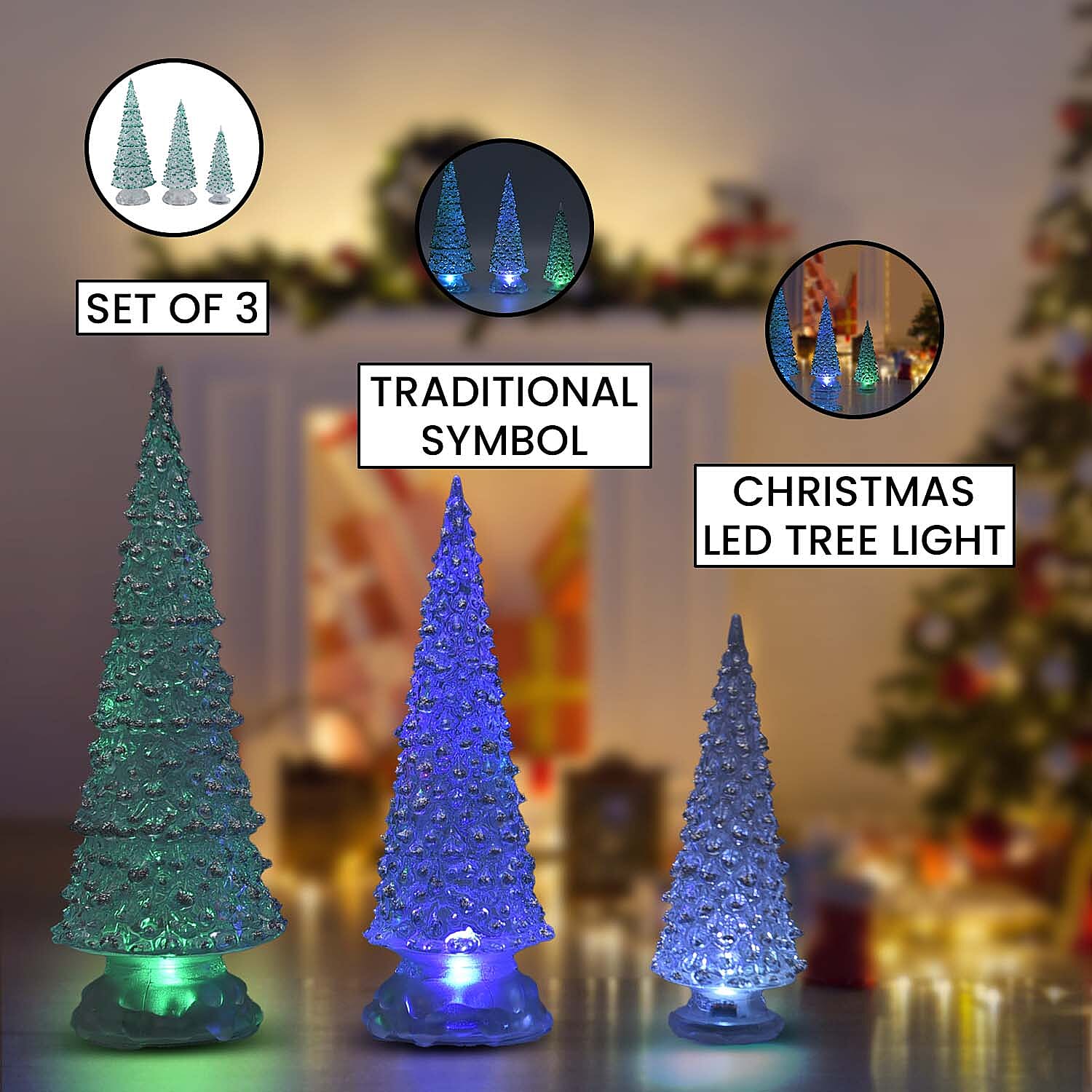 Set of 3 - LED Tree Light (Size 31x8 Cm, 26x8 Cm & 19x3 Cm) - Silver - Requires 6 AAA Batteries (not Incld)