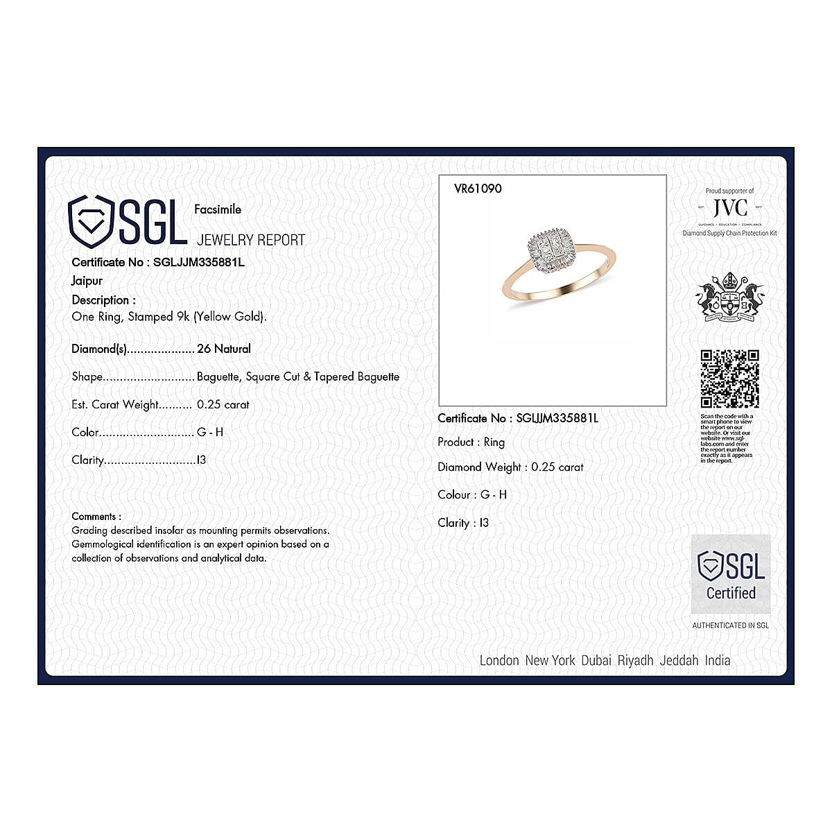 9K Yellow Gold SGL Certified Diamond (G-H) Ring 0.25 Ct