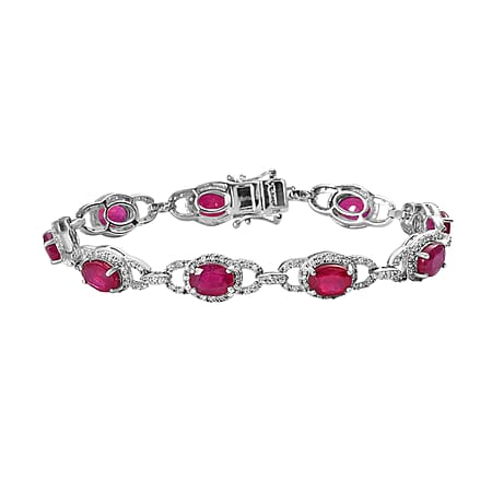 African Ruby and Natural Zircon Bracelet (Size - 7.5) in Platinum Overlay Sterling Silver