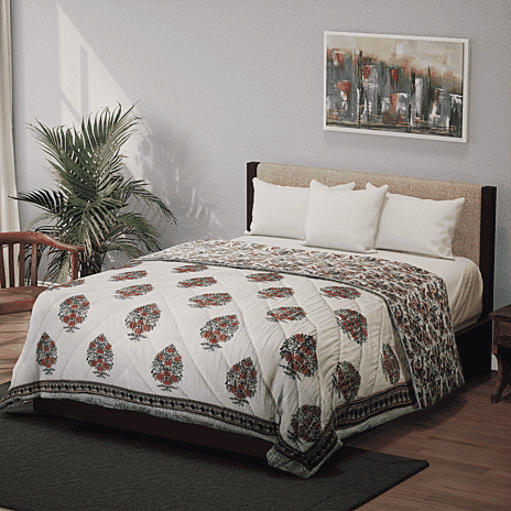 100% Cotton SANGANER Printed Quilt (Double Size, 200x200 cm) - Teal Blue - Red