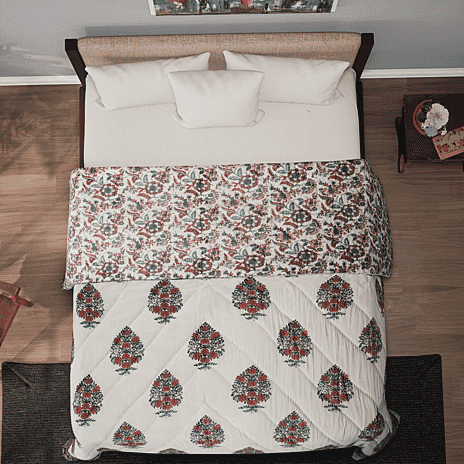 100% Cotton SANGANER Printed Quilt (Double Size, 200x200 cm) - Teal Blue - Red