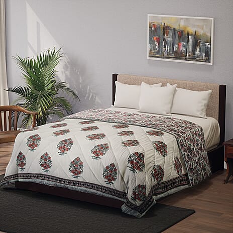 100% Cotton SANGANER Printed Quilt (King Size, 270x220 cm) - Teal Blue and Red