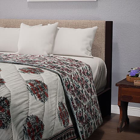 100% Cotton SANGANER Printed Quilt (King Size, 270x220 cm) - Teal Blue and Red