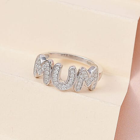 Moissanite MUM Band Ring in Platinum Overlay Sterling Silver