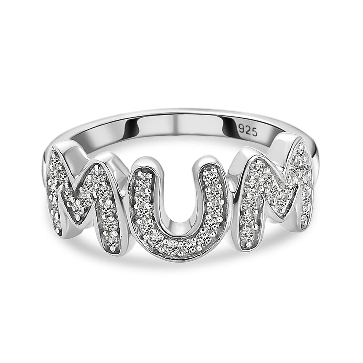 Moissanite MUM Band Ring in Platinum Overlay Sterling Silver Moissanite MUM Band Ring in Platinum Overlay Sterling Silver