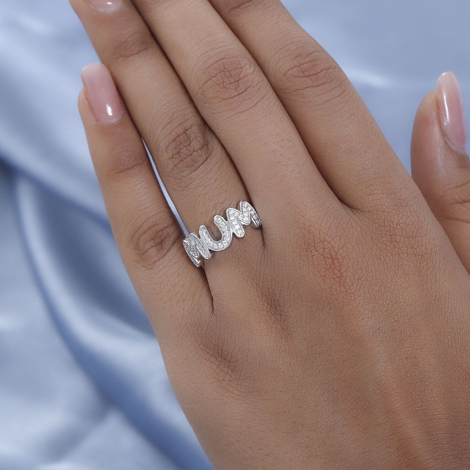 Moissanite MUM Band Ring in Platinum Overlay Sterling Silver Moissanite MUM Band Ring in Platinum Overlay Sterling Silver