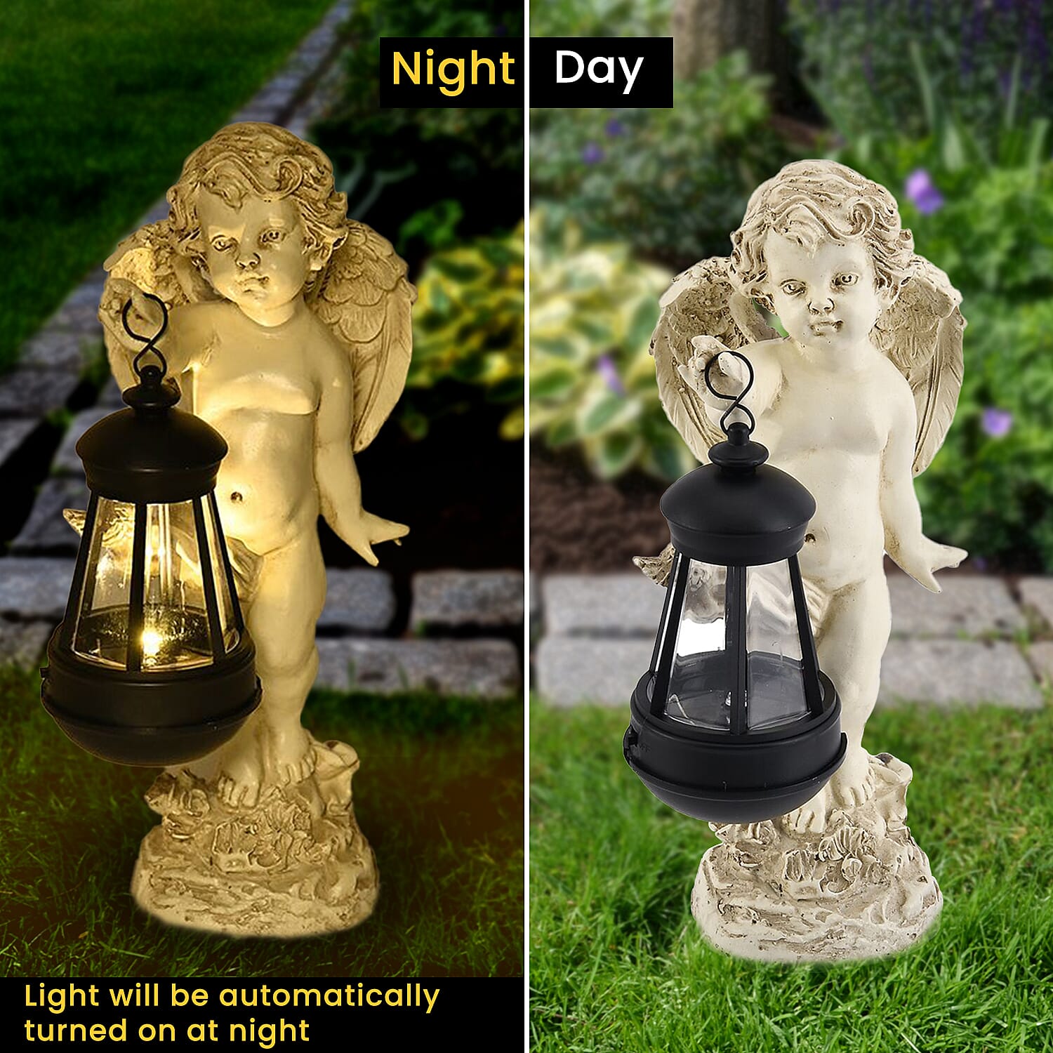 Ornamental Cherub Outdoor Solar Lantern  - Light up to 8 hrs (16.5x 12 x 28cm)