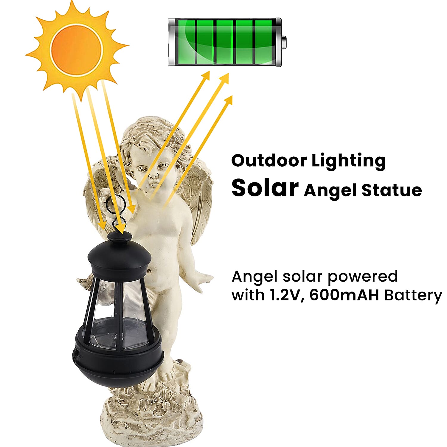 Ornamental Cherub Outdoor Solar Lantern  - Light up to 8 hrs (16.5x 12 x 28cm)