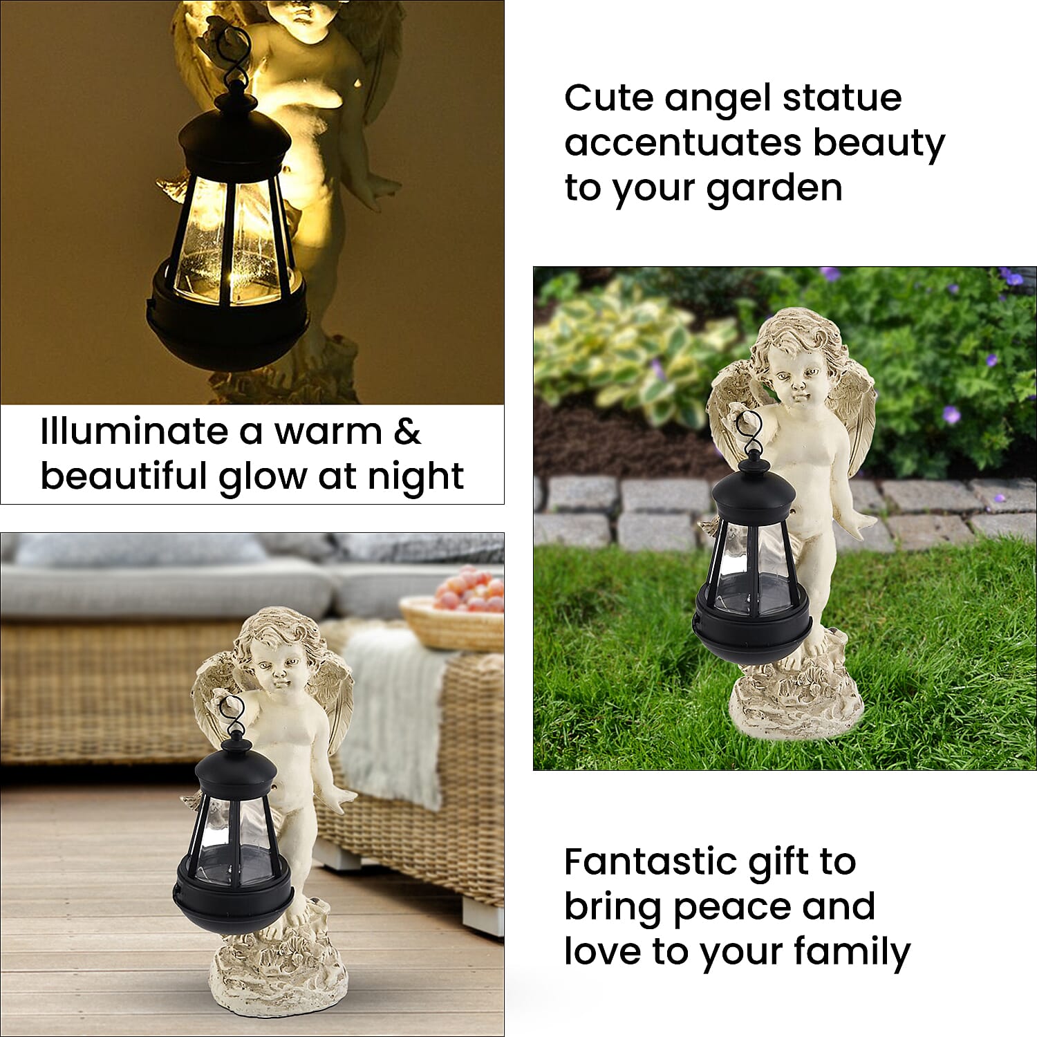 Ornamental Cherub Outdoor Solar Lantern  - Light up to 8 hrs (16.5x 12 x 28cm)
