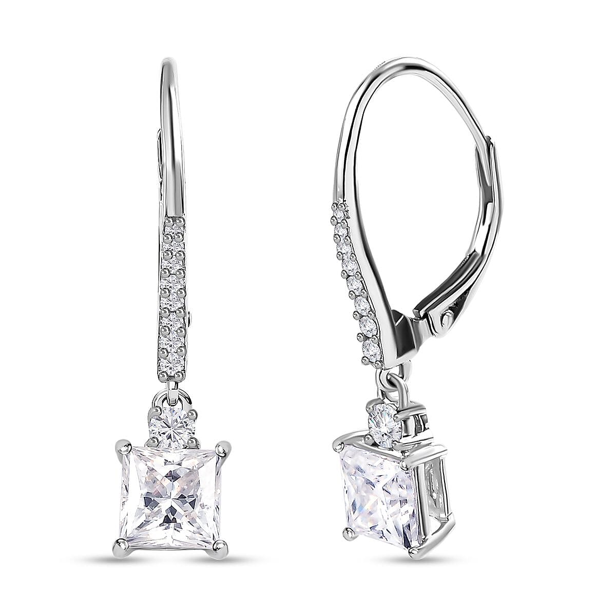 Moissanite Earrings with Lever Back in Platinum Overlay Sterling Silver 2.17 Ct.