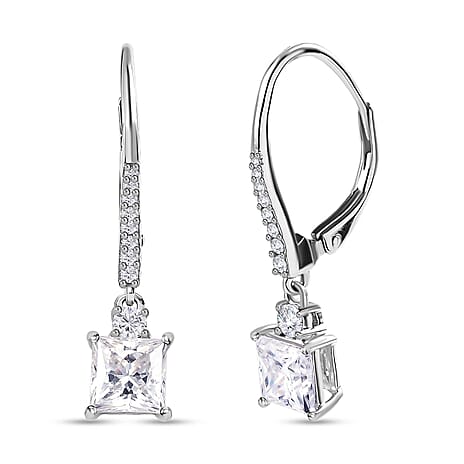 Moissanite Earrings with Lever Back in Platinum Overlay Sterling Silver 2.17 Ct.