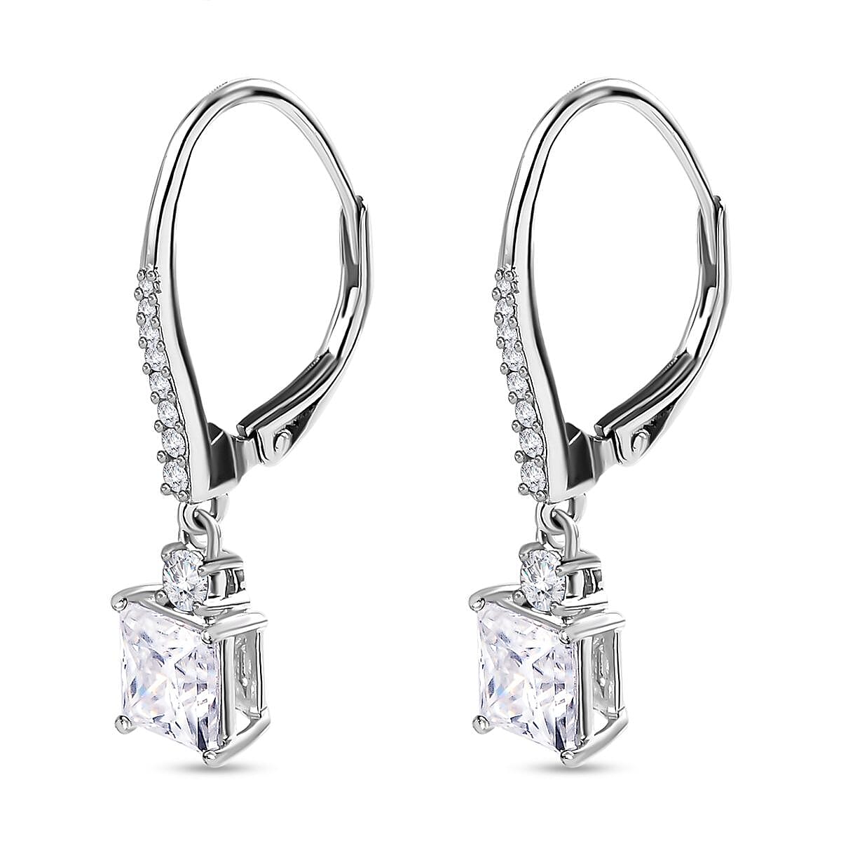 Moissanite Earrings with Lever Back in Platinum Overlay Sterling Silver 2.17 Ct.
