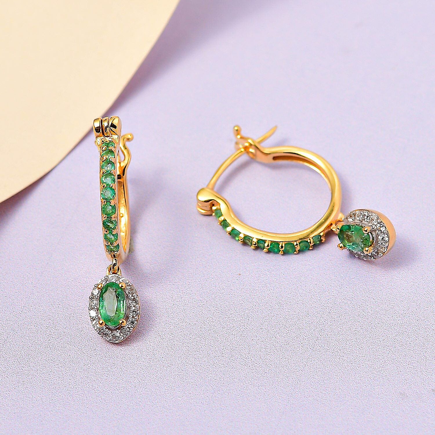 Emerald and Natural Cambodian Zircon Dangling Earrings (with Push Back) in 18K Vermeil Yellow Gold Plated Sterling Silver