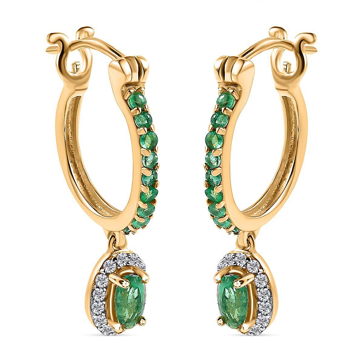 Emerald and Natural Cambodian Zircon Dangling Earrings (with Push Back) in 18K Vermeil Yellow Gold Plated Sterling Silver