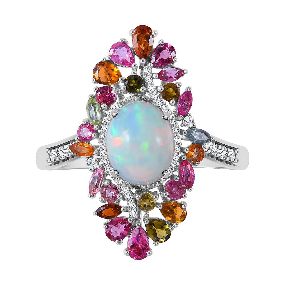 Ethiopian Welo Opal, Multi-Tourmaline and Natural Zircon Ring in Rhodium Overlay Sterling Silver