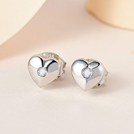 Diamond Heart Earrings (with Push Post) in Platinum Overlay Sterling Silver 0.034 Ct.